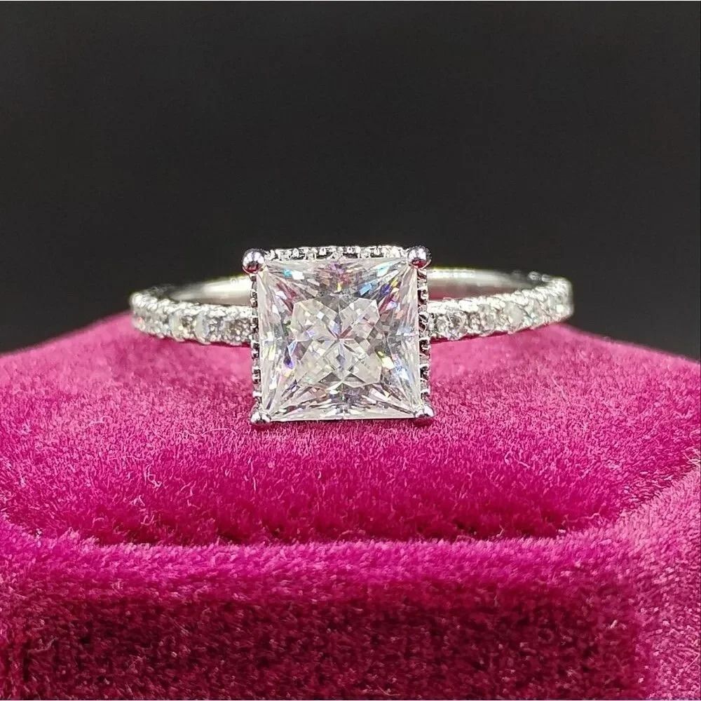 Certified 2.60ct VVS1 Full Moissanite Princess Cut Luxury Ring Promise Wedding